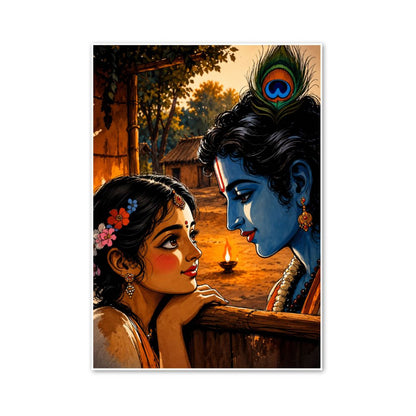 Romantic Radha Krishna Village Art Poster