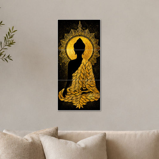 Golden Buddha Meditation Wall Art – 3 Panel Vertical Poster Set