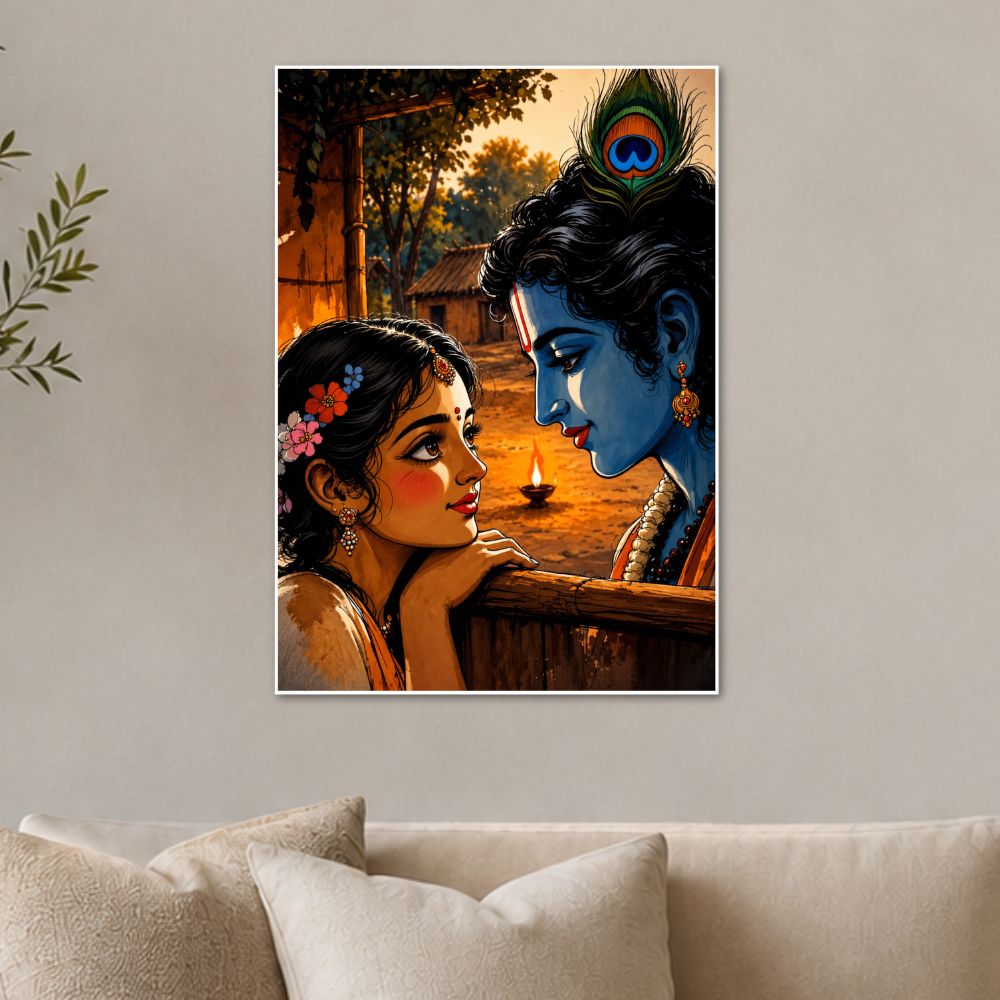 Romantic Radha Krishna Village Art Poster