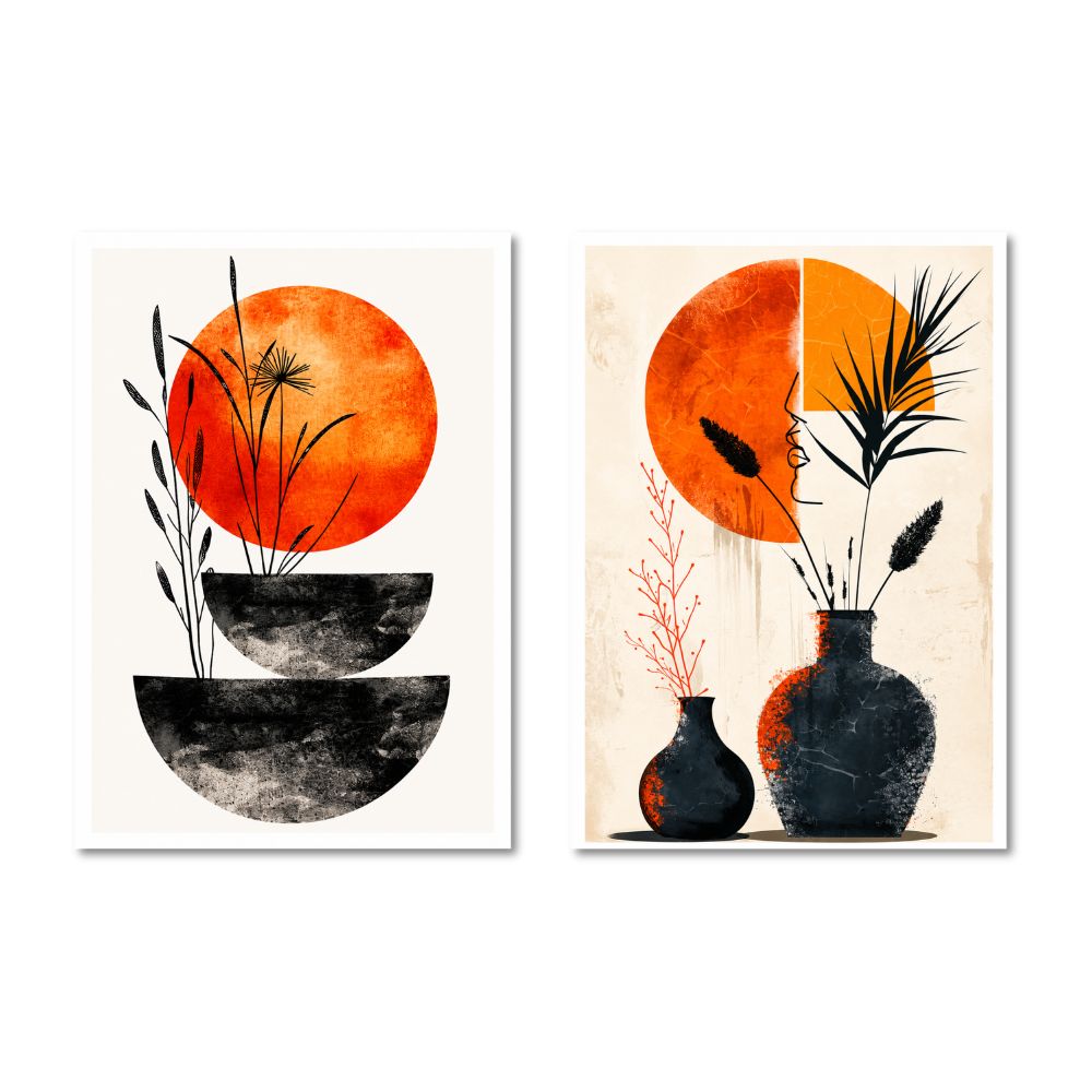 Botanical Vase & Minimalist Orange Sun Wall Art