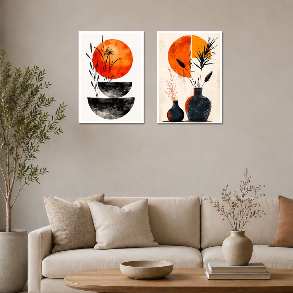 Botanical Vase & Minimalist Orange Sun Wall Art