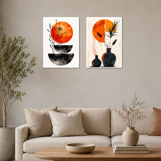 Botanical Vase & Minimalist Orange Sun Wall Art